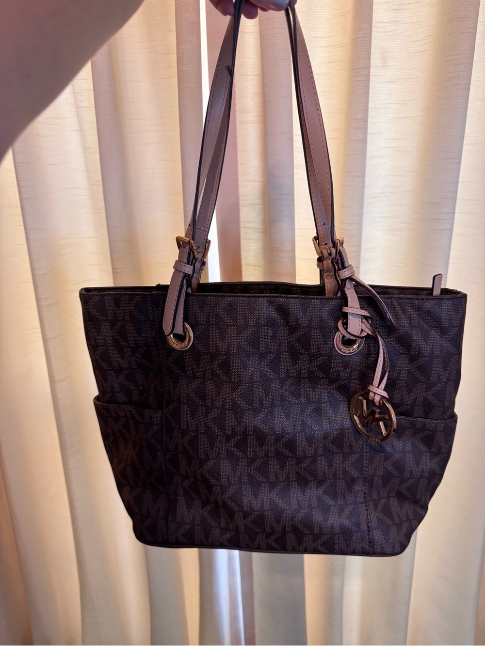 Michael Kors Dark Brown MK Logo Tote with Pink Trim